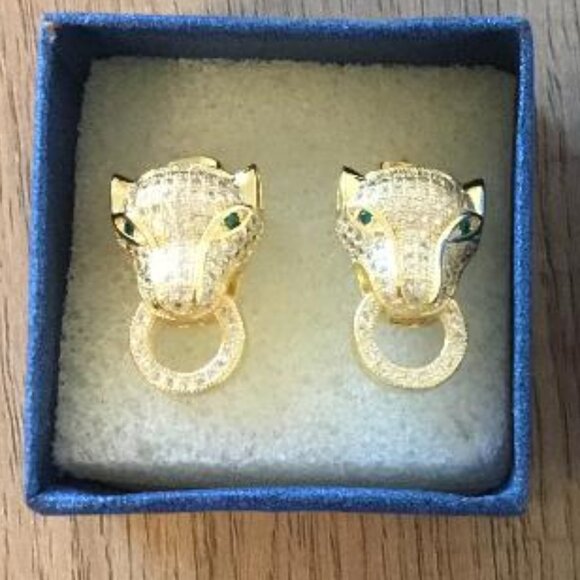 Gold-toned Panther Head Stud Earrings Clear Crystal and Emerald Green Accents - Picture 1 of 2